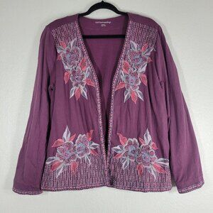 Soft Surroundings Playa Cardigan Women Medium Embroidered Floral Purple Coastal